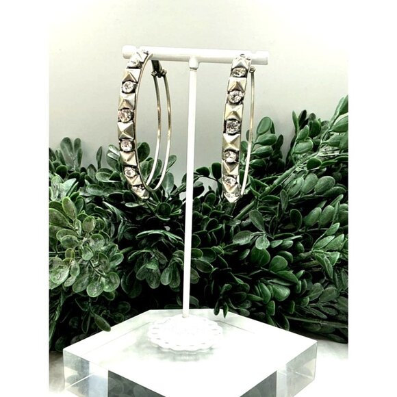 Silver Tone Hoop Earrings With Rhinestone and Stud Detailing - Picture 6 of 6